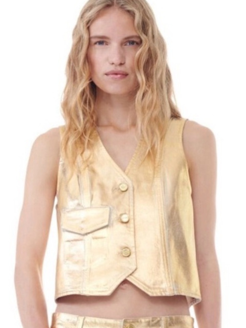 GANNI Gold Foil Denim Vest in Organic Cotton Egret size 36